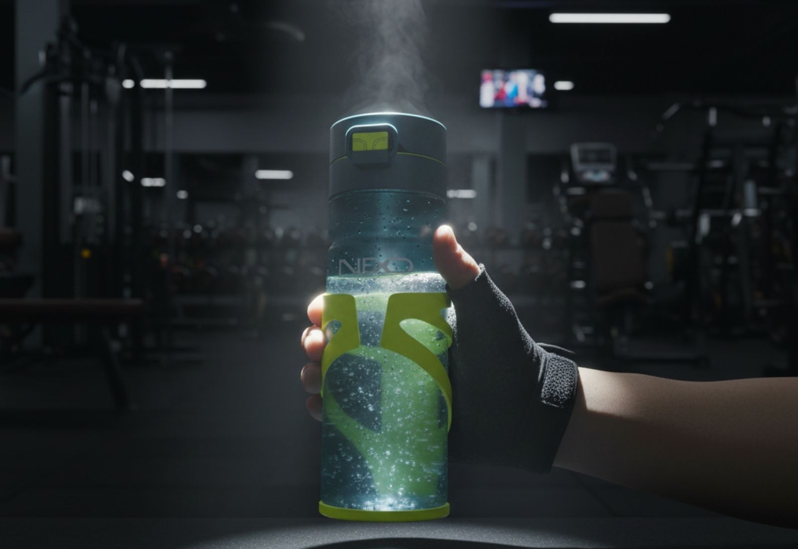 Nexo — botella en fondo de gimnasio
